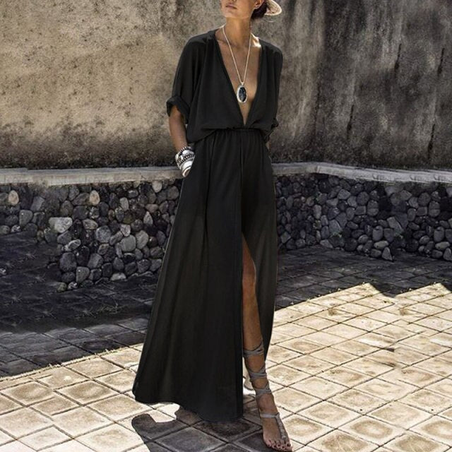 Women Sexy Maxi Dress Deep V-Neck Batwing Short Sleeve Casual Loose Pockets Vintage High Split Boho Beach Dress Vestidos