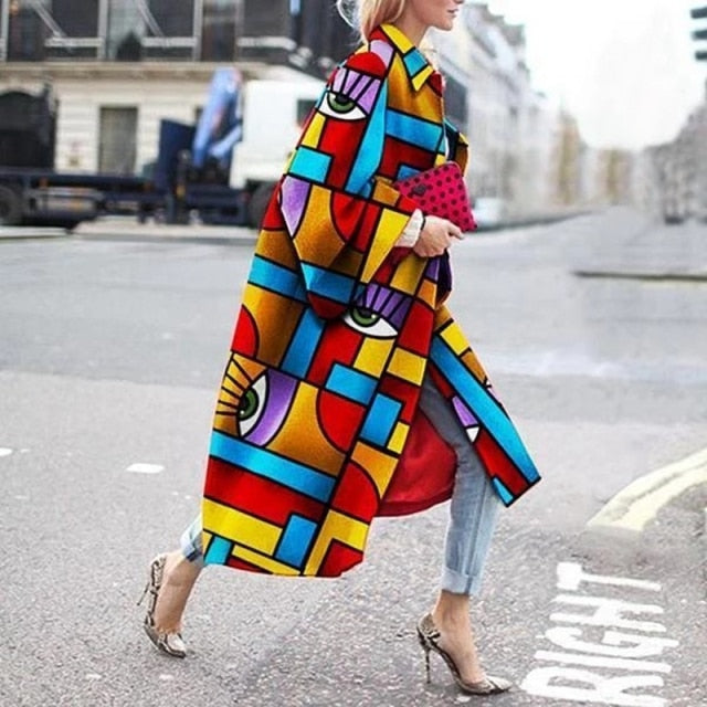 Women 2021 Spring Coat Long Length Flared Sleeve Printed Loose Windbreaker Straight Lapel Women Coat