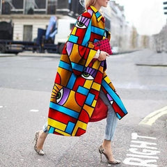 Women 2021 Spring Coat Long Length Flared Sleeve Printed Loose Windbreaker Straight Lapel Women Coat