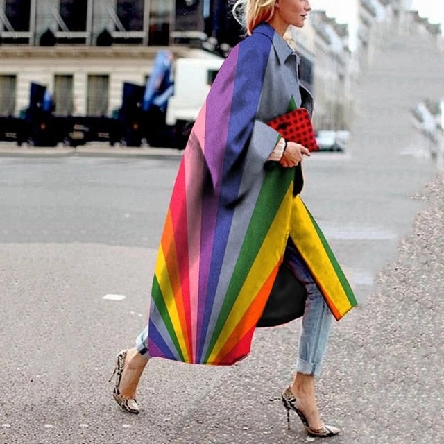 Women 2021 Spring Coat Long Length Flared Sleeve Printed Loose Windbreaker Straight Lapel Women Coat