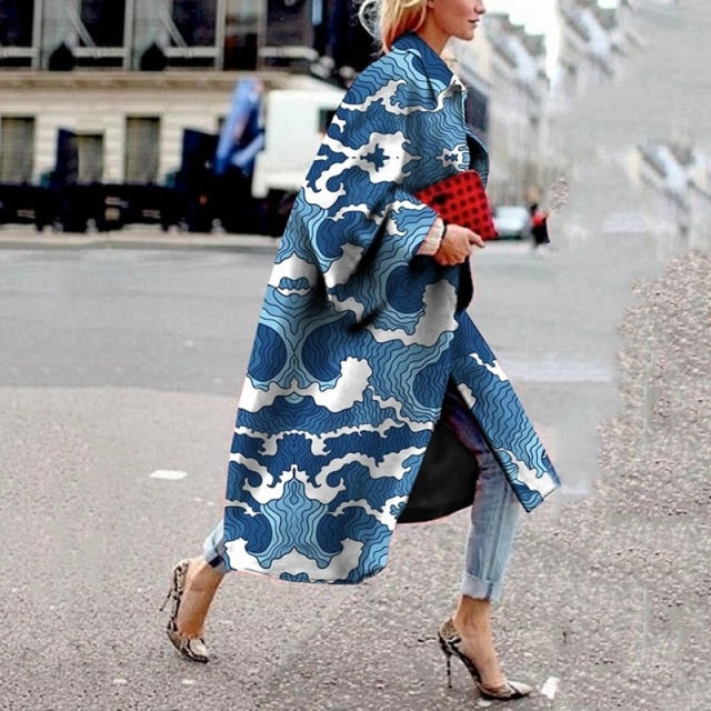 Women 2021 Spring Coat Long Length Flared Sleeve Printed Loose Windbreaker Straight Lapel Women Coat