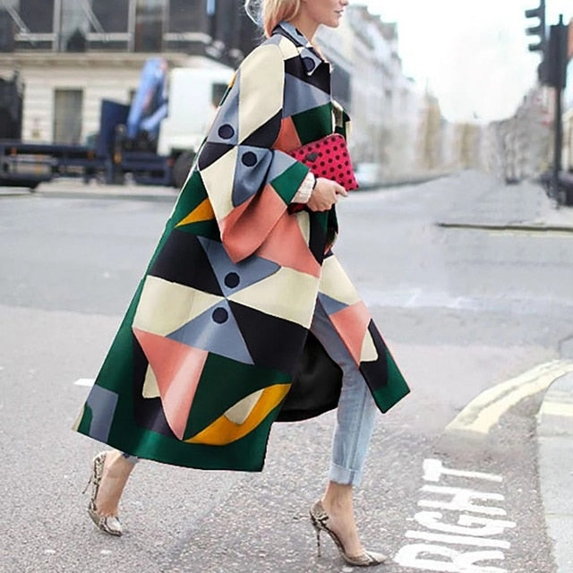 Women 2021 Spring Coat Long Length Flared Sleeve Printed Loose Windbreaker Straight Lapel Women Coat
