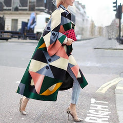 Women 2021 Spring Coat Long Length Flared Sleeve Printed Loose Windbreaker Straight Lapel Women Coat