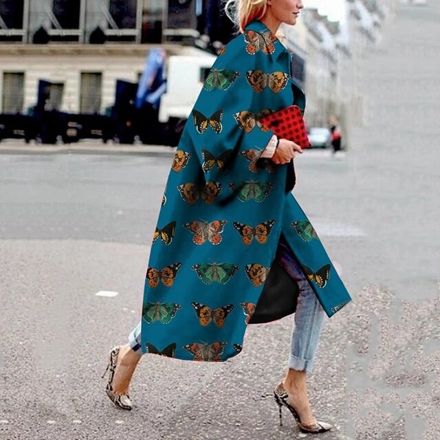 Women 2021 Spring Coat Long Length Flared Sleeve Printed Loose Windbreaker Straight Lapel Women Coat