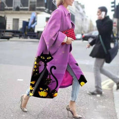 Women 2021 Spring Coat Long Length Flared Sleeve Printed Loose Windbreaker Straight Lapel Women Coat