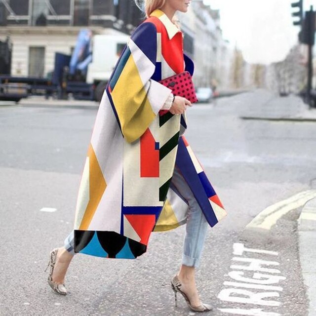 Women 2021 Spring Coat Long Length Flared Sleeve Printed Loose Windbreaker Straight Lapel Women Coat