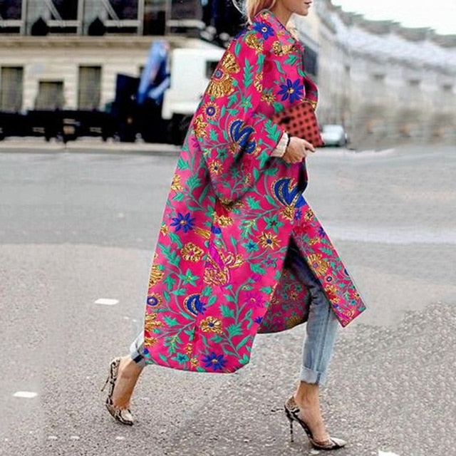 Women 2021 Spring Coat Long Length Flared Sleeve Printed Loose Windbreaker Straight Lapel Women Coat