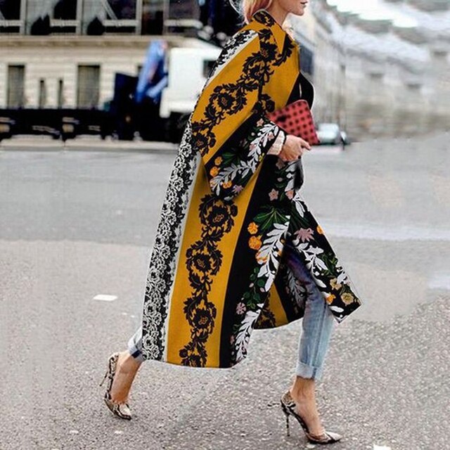 Women 2021 Spring Coat Long Length Flared Sleeve Printed Loose Windbreaker Straight Lapel Women Coat