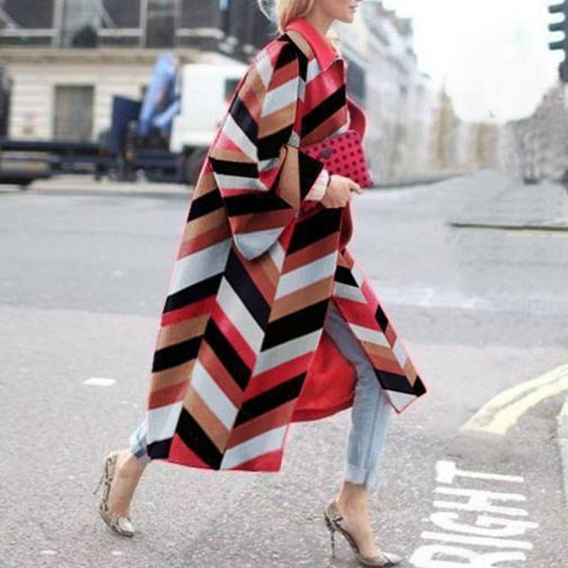 Women 2021 Spring Coat Long Length Flared Sleeve Printed Loose Windbreaker Straight Lapel Women Coat
