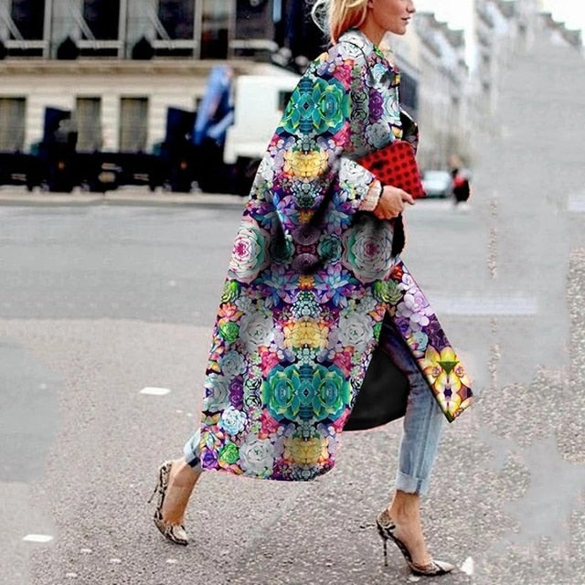 Women 2021 Spring Coat Long Length Flared Sleeve Printed Loose Windbreaker Straight Lapel Women Coat