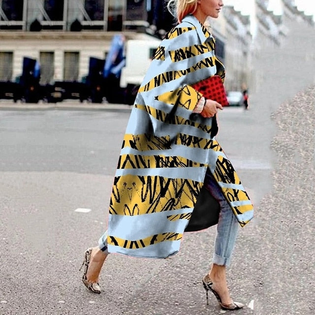 Women 2021 Spring Coat Long Length Flared Sleeve Printed Loose Windbreaker Straight Lapel Women Coat