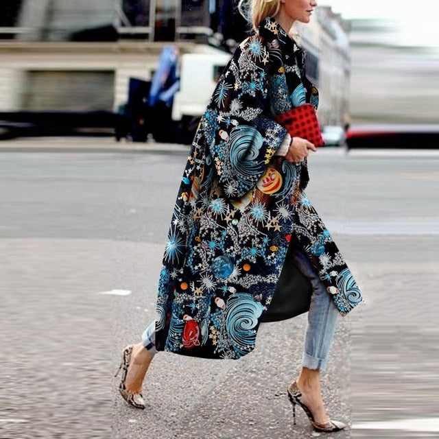 Women 2021 Spring Coat Long Length Flared Sleeve Printed Loose Windbreaker Straight Lapel Women Coat