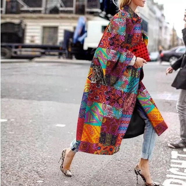 Women 2021 Spring Coat Long Length Flared Sleeve Printed Loose Windbreaker Straight Lapel Women Coat