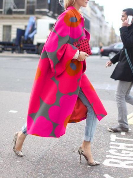 Women 2021 Spring Coat Long Length Flared Sleeve Printed Loose Windbreaker Straight Lapel Women Coat