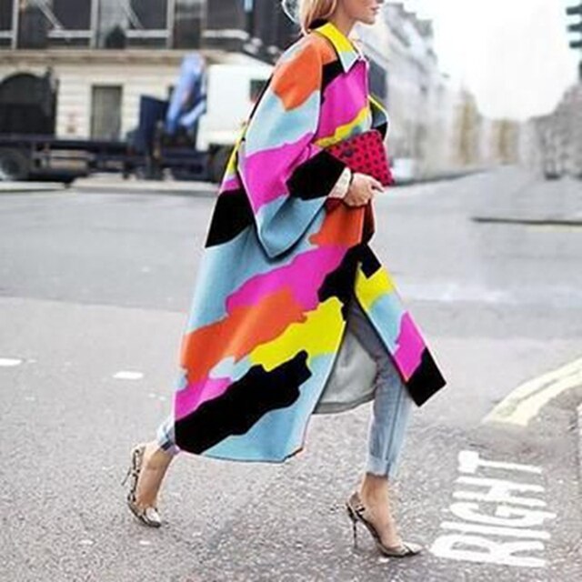 Women 2021 Spring Coat Long Length Flared Sleeve Printed Loose Windbreaker Straight Lapel Women Coat