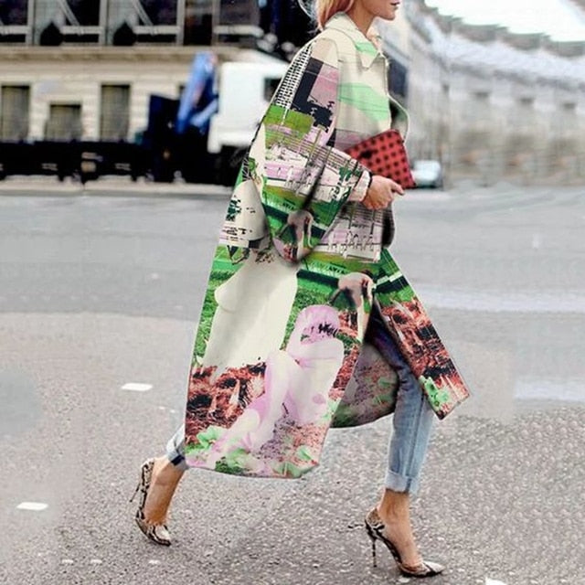 Women 2021 Spring Coat Long Length Flared Sleeve Printed Loose Windbreaker Straight Lapel Women Coat