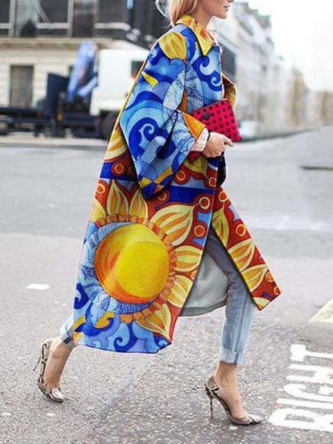Women 2021 Spring Coat Long Length Flared Sleeve Printed Loose Windbreaker Straight Lapel Women Coat