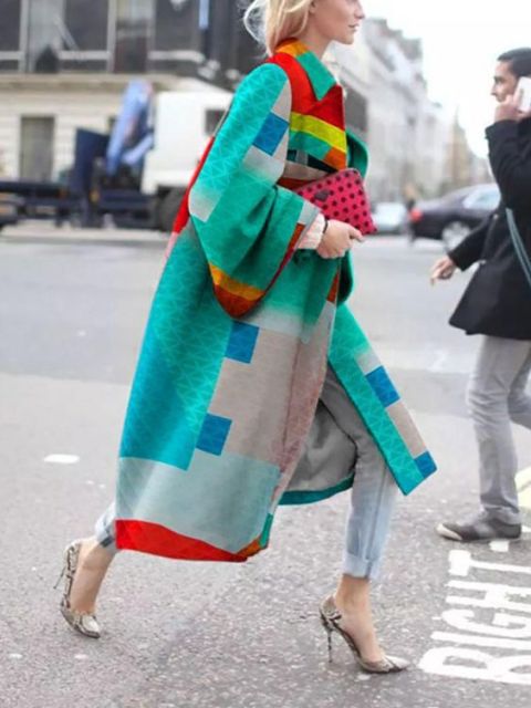 Women 2021 Spring Coat Long Length Flared Sleeve Printed Loose Windbreaker Straight Lapel Women Coat