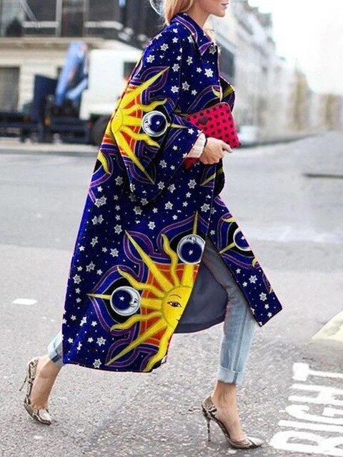 Women 2021 Spring Coat Long Length Flared Sleeve Printed Loose Windbreaker Straight Lapel Women Coat