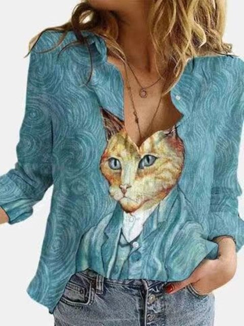Casual 3D Cute Animal Cat Print Lapel Women's Blouse Long Sleeve Cardigan 2021 Spring Autumn New Retro Landscape Ladies Shirt