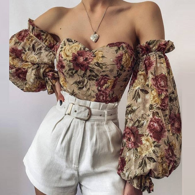 Elegant Floral Print Strapless Chiffon Shirt Fashion Women Off Shoulder Halter Sexy Blouse Shirt 2021 Summer Backeless Tops 3XL