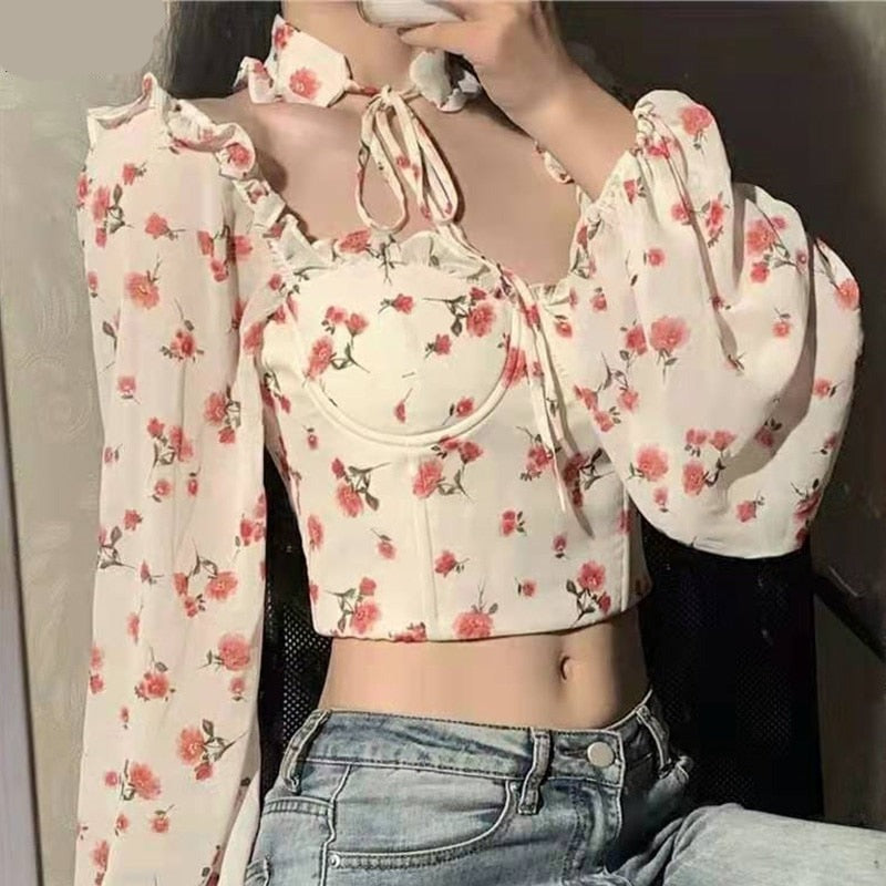 Lizakosht New Sexy Women Tops Gothic Floral Print Elegant Chiffon Blouse Shirts Long Sleeve Pink Lady Crop Tops Clothing