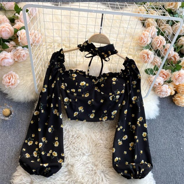Lizakosht New Sexy Women Tops Gothic Floral Print Elegant Chiffon Blouse Shirts Long Sleeve Pink Lady Crop Tops Clothing