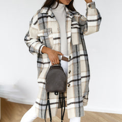 Winter Checked Women Jacket Turn Down Overcoat Warm Plaid Long Coat Oversize Thick Woolen Blends Female Streetwear