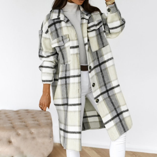 Winter Checked Women Jacket Turn Down Overcoat Warm Plaid Long Coat Oversize Thick Woolen Blends Female Streetwear