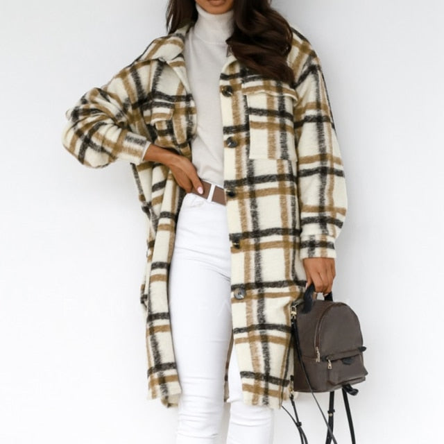 Winter Checked Women Jacket Turn Down Overcoat Warm Plaid Long Coat Oversize Thick Woolen Blends Female Streetwear