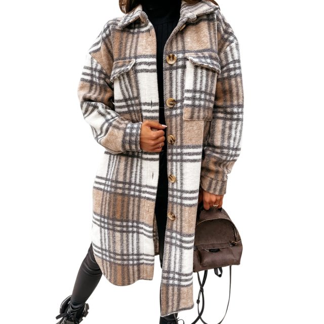 Winter Checked Women Jacket Turn Down Overcoat Warm Plaid Long Coat Oversize Thick Woolen Blends Female Streetwear