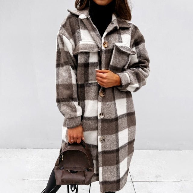 Winter Checked Women Jacket Turn Down Overcoat Warm Plaid Long Coat Oversize Thick Woolen Blends Female Streetwear