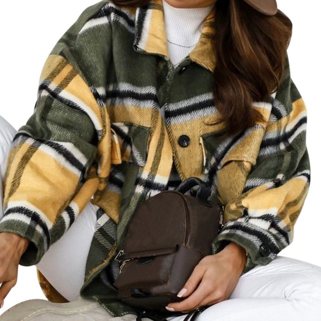 Winter Checked Women Jacket Turn Down Overcoat Warm Plaid Long Coat Oversize Thick Woolen Blends Female Streetwear