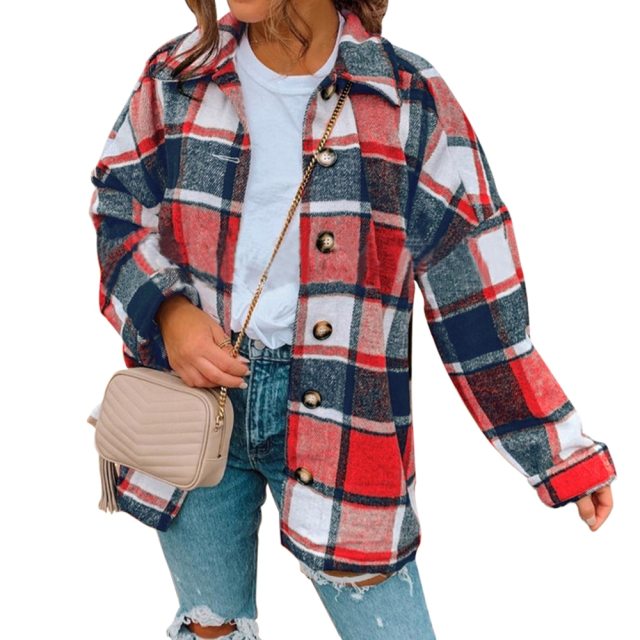 Winter Checked Women Jacket Turn Down Overcoat Warm Plaid Long Coat Oversize Thick Woolen Blends Female Streetwear
