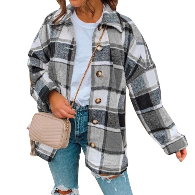 Winter Checked Women Jacket Turn Down Overcoat Warm Plaid Long Coat Oversize Thick Woolen Blends Female Streetwear