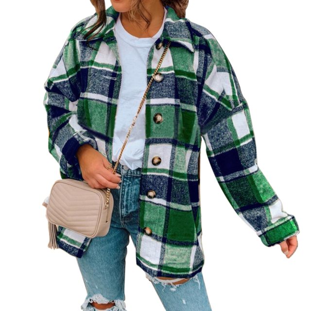 Winter Checked Women Jacket Turn Down Overcoat Warm Plaid Long Coat Oversize Thick Woolen Blends Female Streetwear