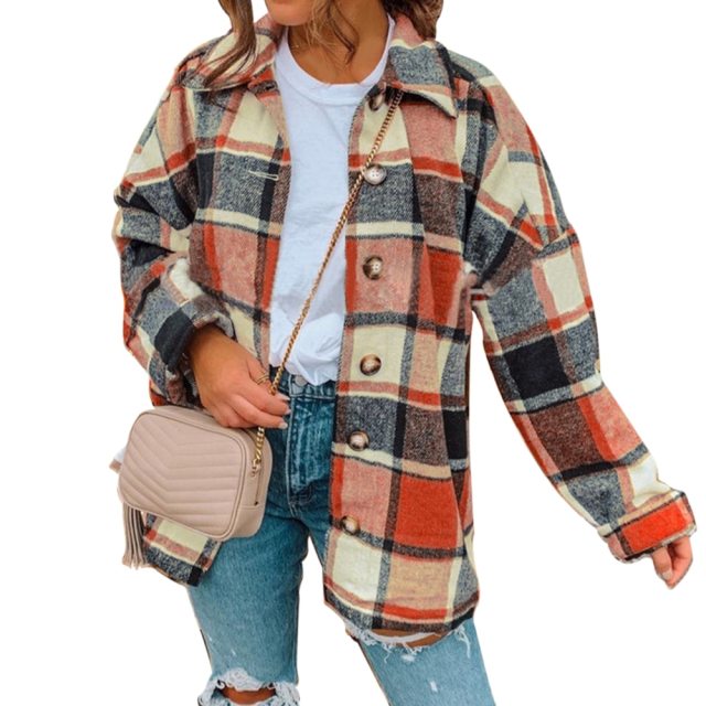 Winter Checked Women Jacket Turn Down Overcoat Warm Plaid Long Coat Oversize Thick Woolen Blends Female Streetwear