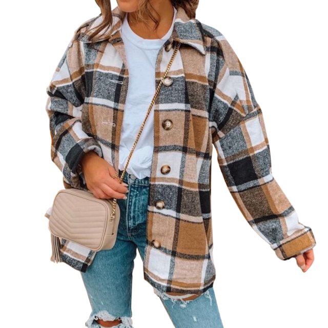 Winter Checked Women Jacket Turn Down Overcoat Warm Plaid Long Coat Oversize Thick Woolen Blends Female Streetwear