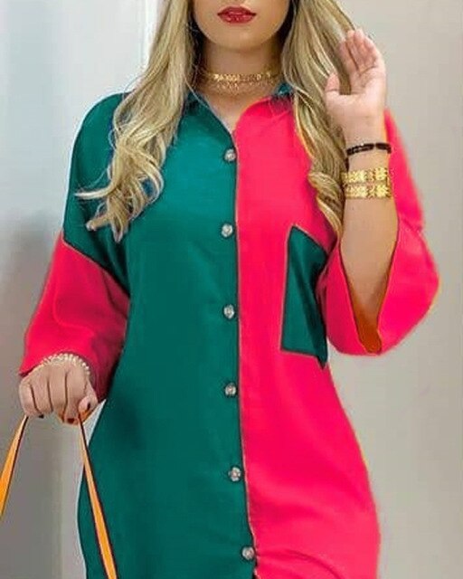 Ladies Dress Fashion Color Matching Slim Short-Sleeved Shirt Dress Casual Home Street Commuter Plus Size Dress Women