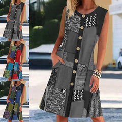 Fashion Summer Women's Round Neck Sleeveless Printed Contrast Pocket Dress Beach Dress Party Dresses for Women