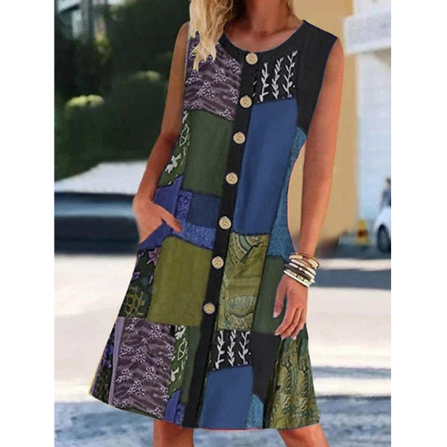 Fashion Summer Women's Round Neck Sleeveless Printed Contrast Pocket Dress Beach Dress Party Dresses for Women