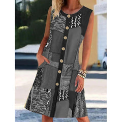 Fashion Summer Women's Round Neck Sleeveless Printed Contrast Pocket Dress Beach Dress Party Dresses for Women