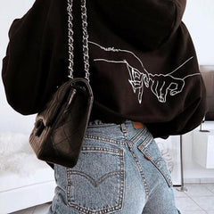 Black Women Sweatshirt Autumn Casual Hands Sun Moon Letter Print Long Sleeve Loose Oversized Plus Size Female Hoody Pullover Top