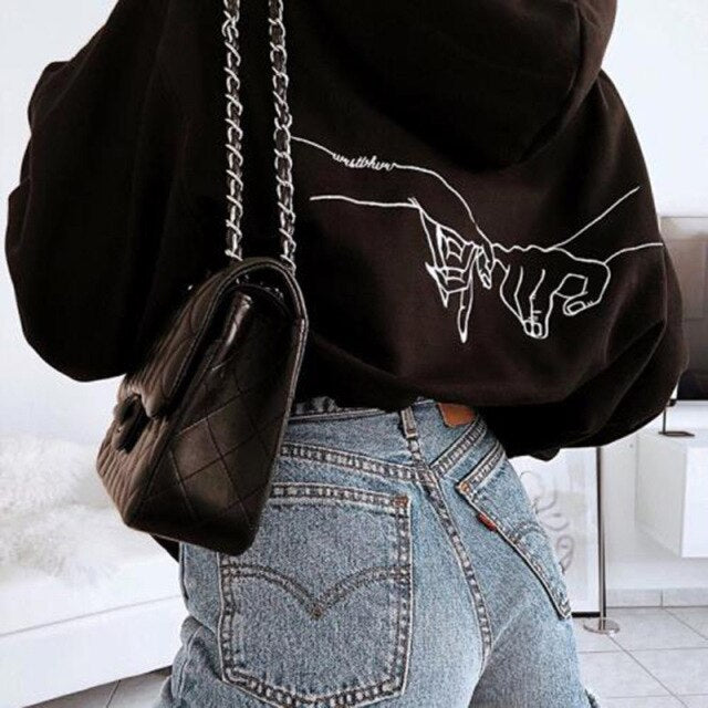Black Women Sweatshirt Autumn Casual Hands Sun Moon Letter Print Long Sleeve Loose Oversized Plus Size Female Hoody Pullover Top