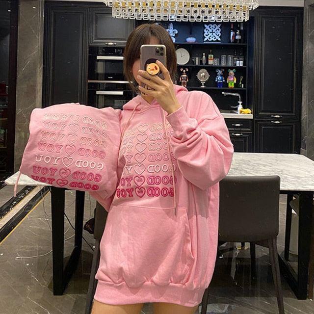 Leter Print Hoodies Women Oversized Long Sleeve Pullover Sweatshirt Harajuku Autumn and Winter Crewneck Pink Top Y2K Ladies 2021