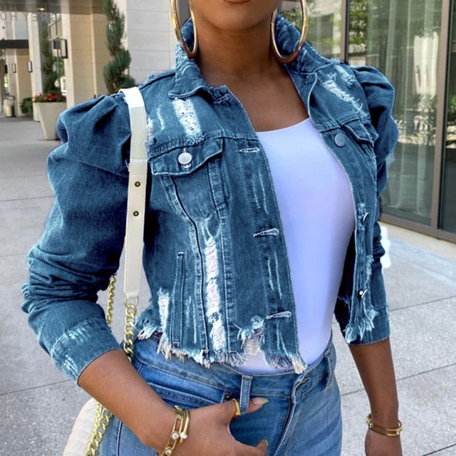 Big Sale Spring Women Sexy Ripped Denim Jackets Vintage Casual Short Jean Jacket Puff Sleeve Winter Female Coat Streetwear