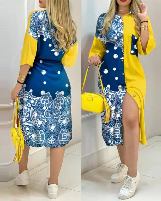 Lizakosht  2022 Summer Fashion Streetwear Loose Turn-Down Collar Colorblock Button Design Casual Shirt Dress Loungewear Daily Wear