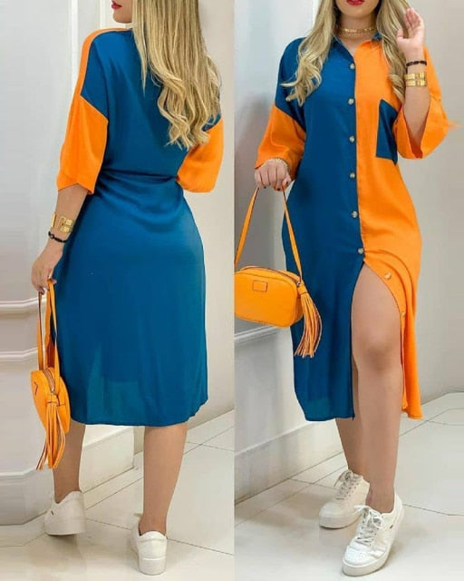 Lizakosht  2022 Summer Fashion Streetwear Loose Turn-Down Collar Colorblock Button Design Casual Shirt Dress Loungewear Daily Wear