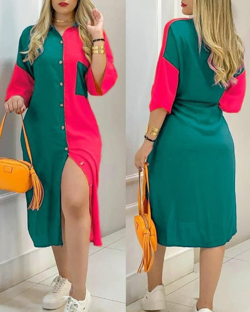 Lizakosht  2022 Summer Fashion Streetwear Loose Turn-Down Collar Colorblock Button Design Casual Shirt Dress Loungewear Daily Wear
