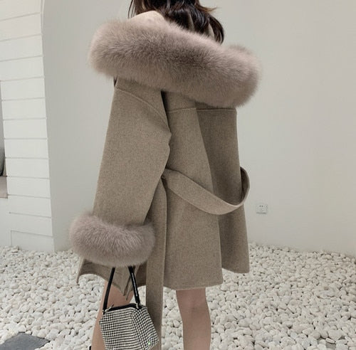 Lizakosht Luxury Oversized Real Cashmere Blend Coat Women Winter Wool Hooded Cardigan Jacket With Genuine Fox Fur Collar